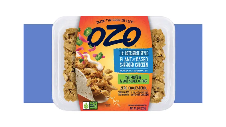 OZO Rotisserie Style Plant-Based Shredded Chicken in a package.