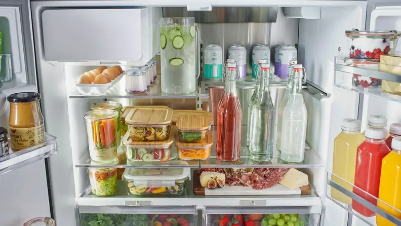 This Bosch refrigerator features a Garage Shelf, which rolls up and back for flexible storage options