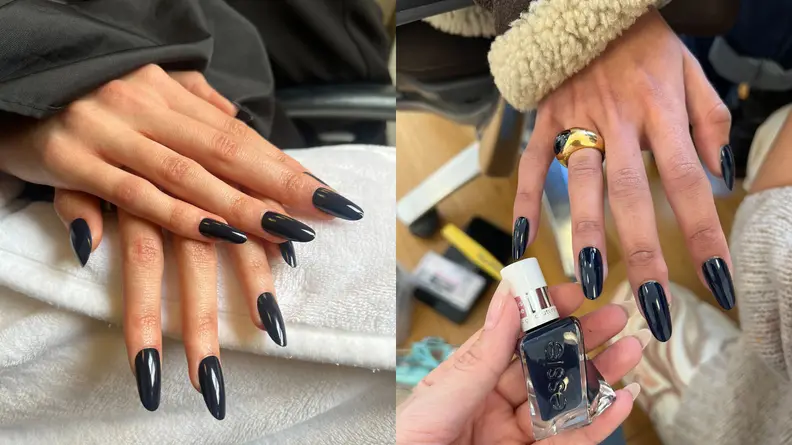 Photo of navy blue-painted nails at the Tory Burch Fall/Winter 2024 fashion show.