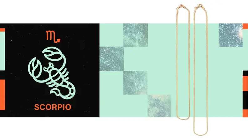 On the left is the symbol for Scorpio, and on the right are two gold chain necklaces.