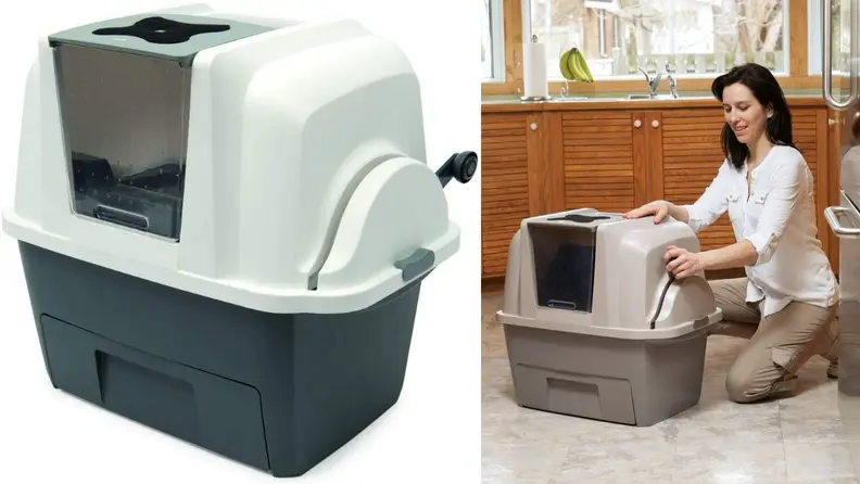 Left: A green litter box includes a rectangular base and a hood with an entrance; Right: A pet owner pulls a level of the Catit litter box that sits in a kitchen