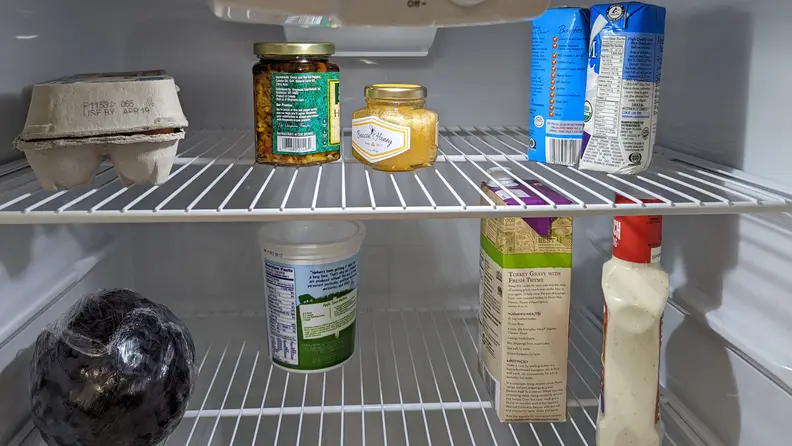 A close-up of the fridge's wire shelves. They're stocked with food.