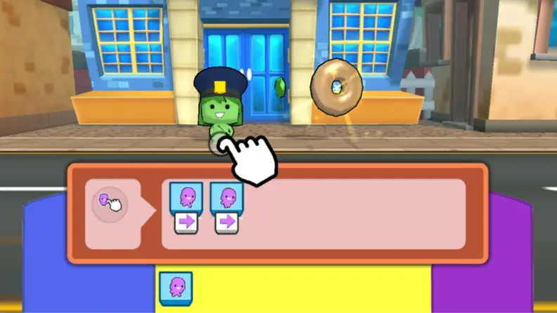 A finger points at a character, allowing the user to see what they are supposed to do as opposed to reading it