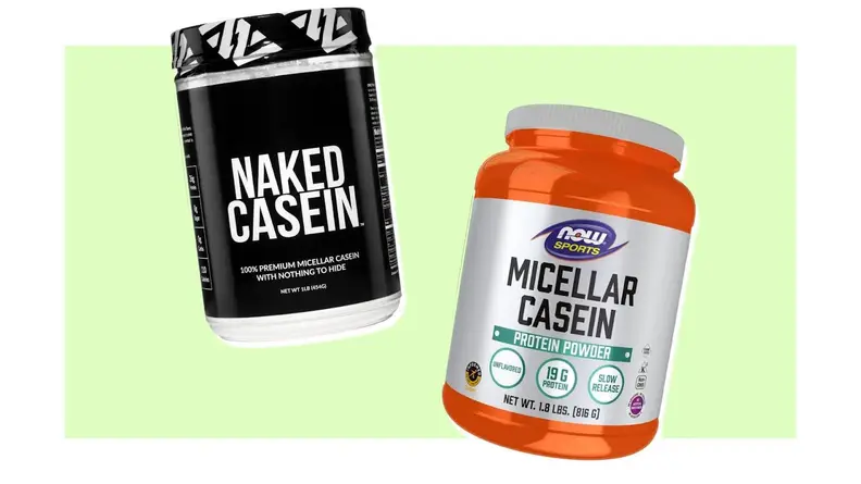 Two jugs of protein powder from Naked Nutrition and Now Nutrition.