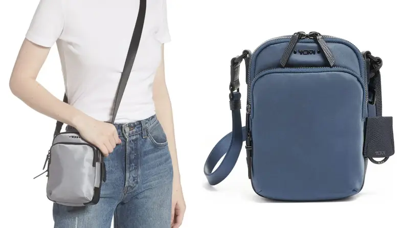 On right, woman wearing the gray Tumi Voyageur Ruma Nylon Crossbody Bag. On right, product shot of the blue Tumi Voyageur Ruma Nylon Crossbody Bag.