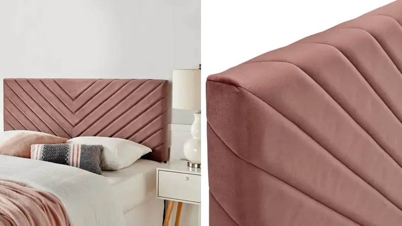On left,  pink Colvard upholstered panel headboard from Wayfair behind bed. On left, close up shot of pink Colvard upholstered panel headboard from Wayfair.