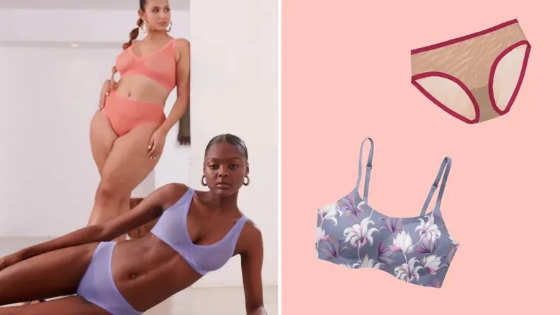 Two models wearing sheer matching underwear sets, and product shots of other underwear from Eby.