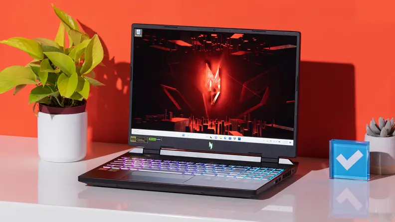 The laptop sits between the check mark cube and a house plant.