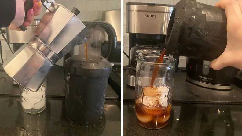 Coffee being poured into HyperChiller and then glass