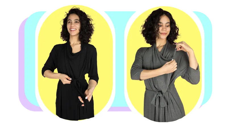 Models pose in the black and gray versions of the Draped Bamboo robe.
