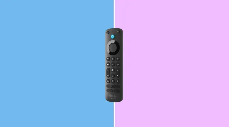 The Alexa Voice Remote Pro on a pink and blue background.