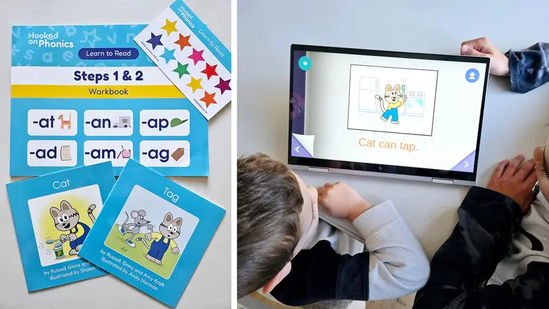 Some physical books by Hooked on Phonics and a child playing with the app on a tablet.