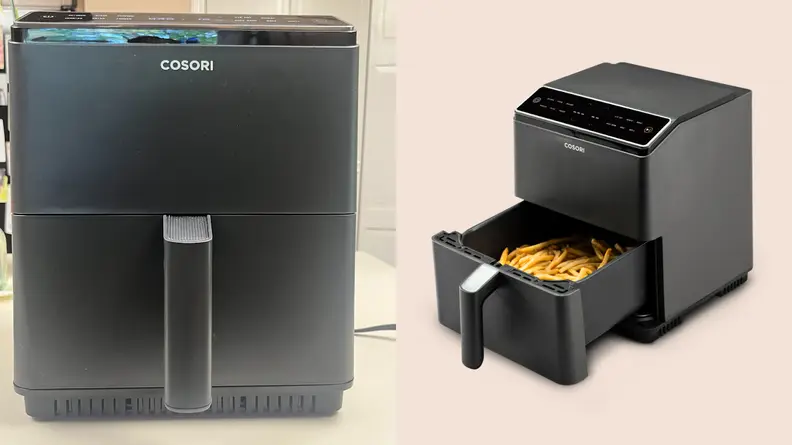 Front and side view of the Cosori Dual Blaze Smart Air Fryer with cooked fries in the basket.