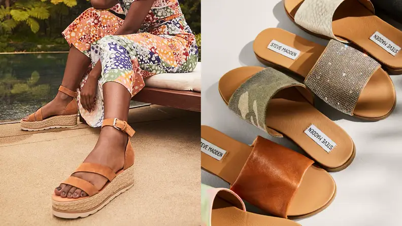 Woman wearing platform sandals / array of Steve Madden slides.