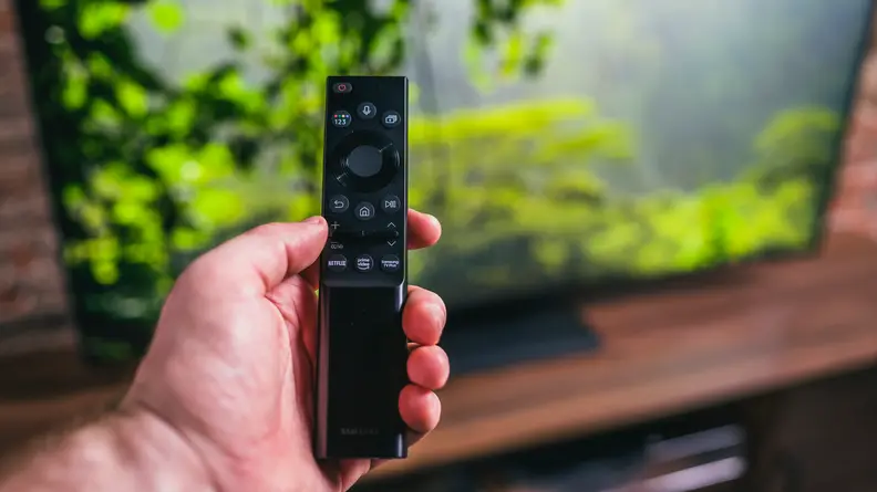 Holding the remote for the QN90A in front of its screen, which shows sunlit leaves