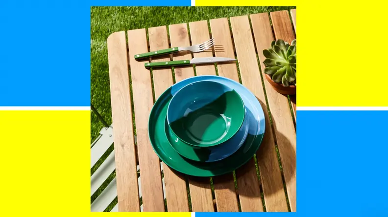 A colorblock dinnerware set in green and blue