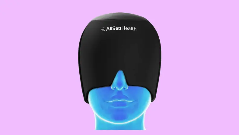 The All Sett Migraine Relief Cap on a purple background.