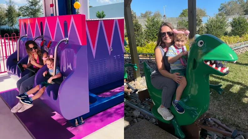 A person and child ride rides at the Peppa Pig Theme Park in Florida