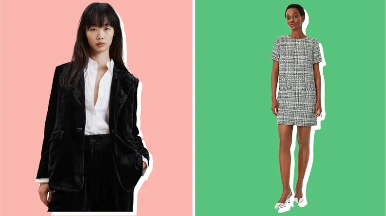Collage of a black blazer and tweed shift dress