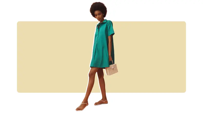 An A-line shirt dress that buttons up halfway.