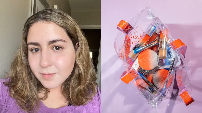 On the left: The author wearing makeup products from Item Beauty on her face and smiling at the camera. On the right: A clear bag filled with a smattering of Item Beauty makeup products sitting on a purple background.