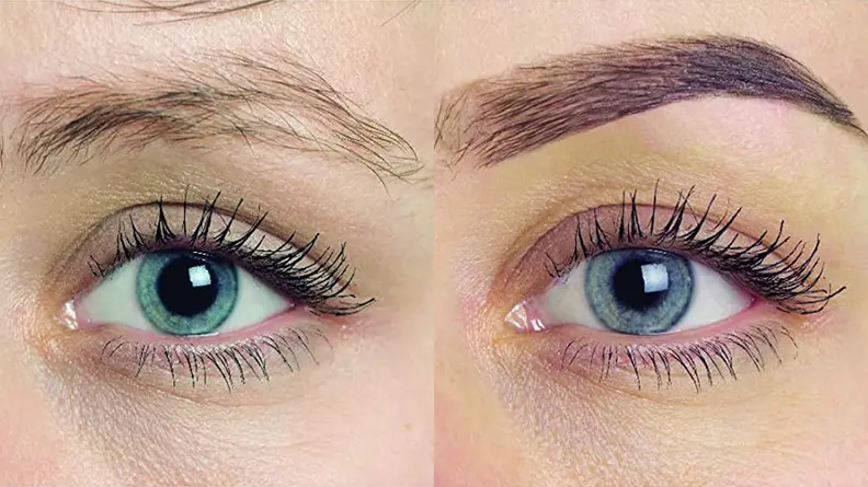 A woman before and after using the Godefroy Instant Eyebrow Color.
