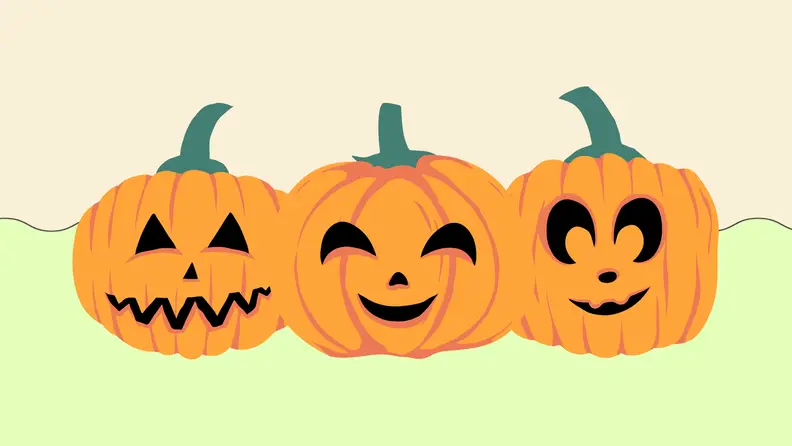 Three jack-o-lanterns  on a yellow and green background