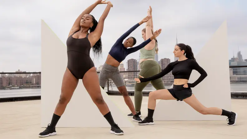 models wearing thinx leotard, leggings, shorts