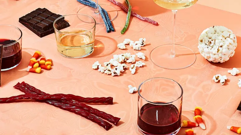 Wine, candy, and popcorn.