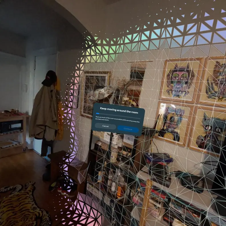 A virtual display over a real world room showing walls
