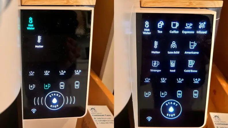 Control menu with multiple buttons lit up on the Bruvi coffee maker.