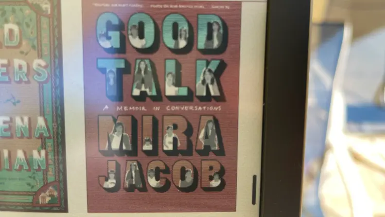 A close up of the InkPad Color's display, showing the cover of Mira Jacob's Book 