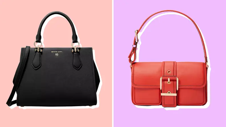 Two Michael Kors purses posed against pink and purple backgrounds