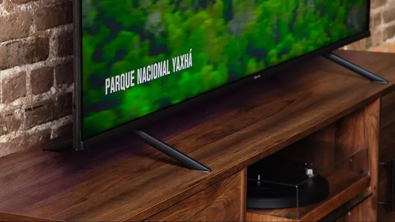 Bottom left corner of a television screen showing a caption.