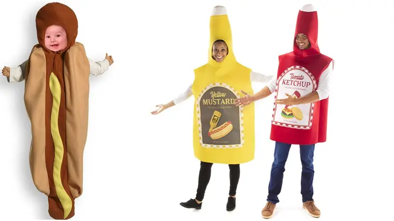 A baby dressed as a hot dog and parents dressed as mustard and ketchup.