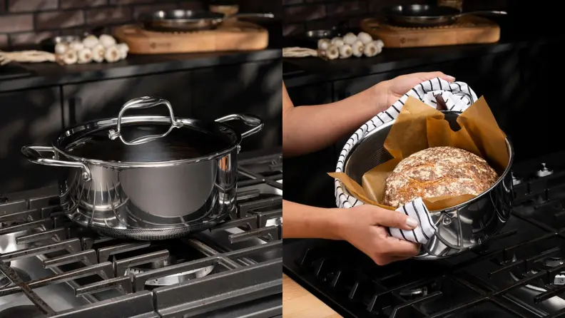 Left, a stainless steel HexClad Dutch on a gas range. Right, a person holds a HexClad Dutch oven containing freshly baked bread.