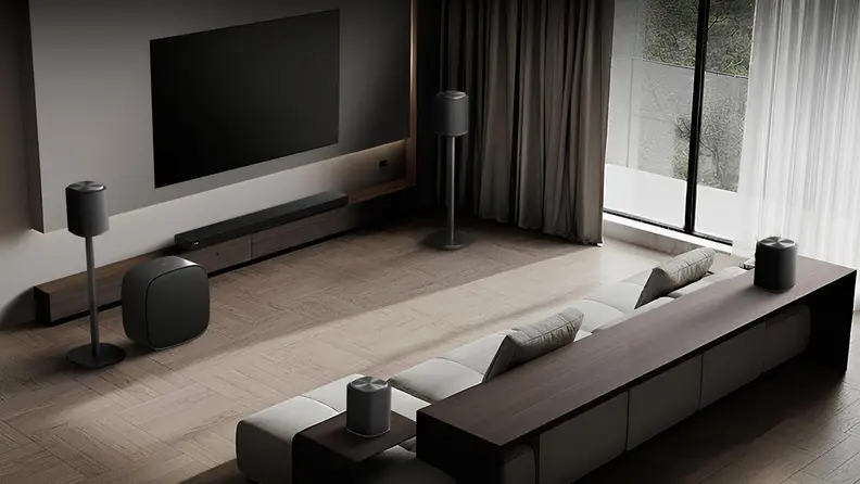 A dark, contemporary home theater with an LG Dolby Atmos soundbar positioned below an oversized wall-mounted TV, surrounded by wireless speakers and a subwoofer for immersive surround sound. Floor-to-ceiling windows, moody lighting, and minimalist furnishings create a premium cinematic atmosphere.