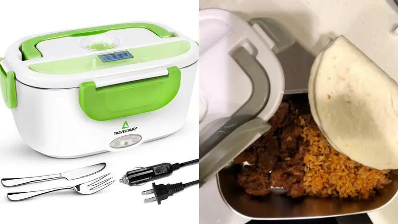 Travelisimo electric lunch box on white background / Lunch box filled with meat and rich with tortillas on the side.