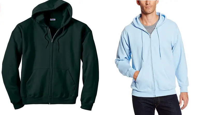 Green Hanes zip-up hoodie, man wearing blue zip-up Hanes hoodie.