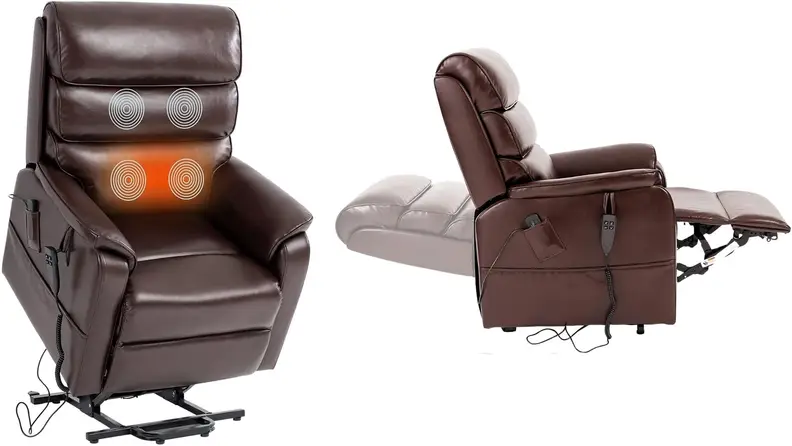 A brown Irene House recliner in the raised and reclined positions.