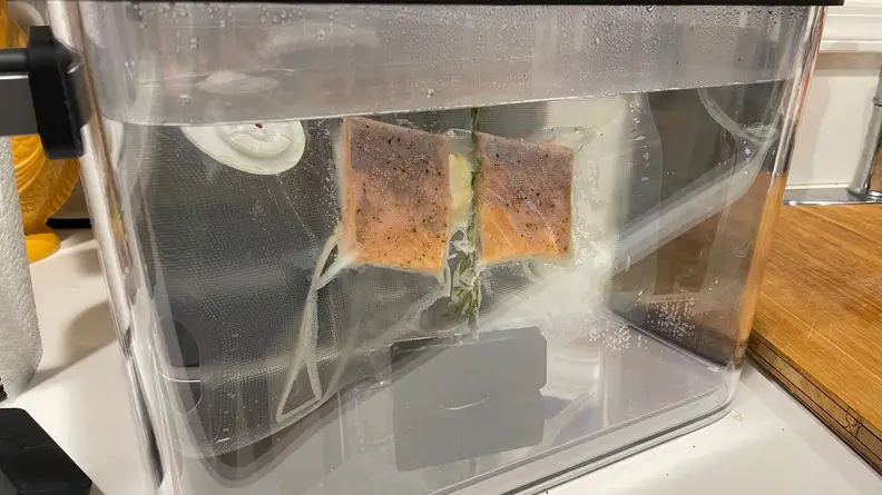 Vacuum sealed bag of a piece of salmon submerged in water.
