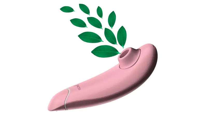 The Womanizer Premium Eco with leaves coming out of it.