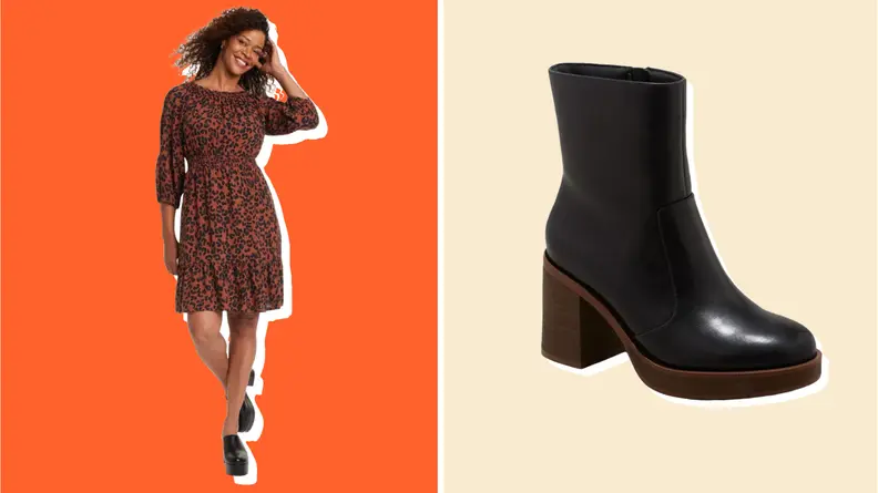 Collage of a dress and a boot.