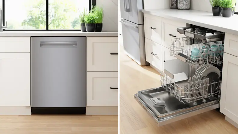 Left: The Bosch Benchmark dishwasher closed in a kitchen. Right: The Bosch Benchmark dishwasher open with racks of dishes showing.