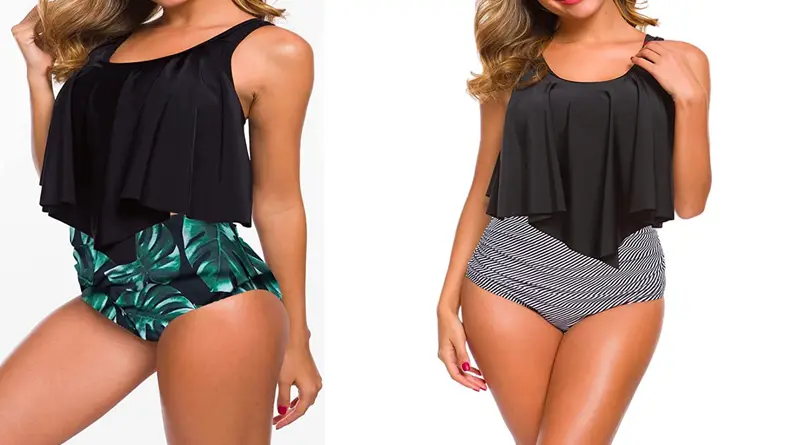 Two images of the same swimsuit. The first is in black and a leaf print, and the top flows down to hang above the high waisted bottom. The second is the same fit, with a different floral pattern on the bottoms.