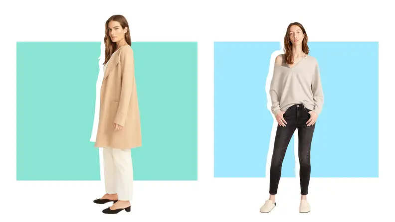 On right, model wearing camel coat and white pants. On right, model wearing black denim and gray off the shoulder shirt.