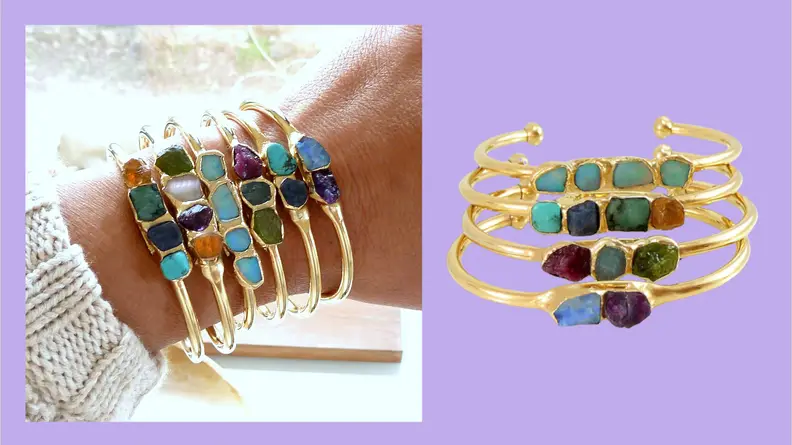 Four of the Inbalmishan raw gemstone bracelets shown each featuring different gemstones and an back.