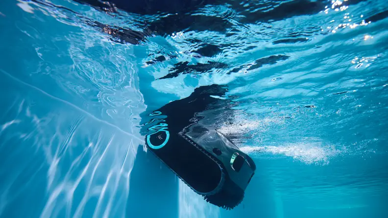 A robot pool cleaner underwater