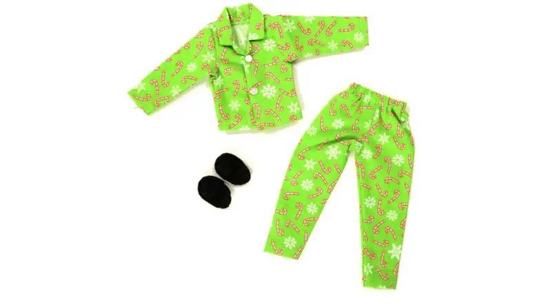 A green pajama set and black slippers.