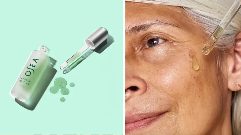On the right: A dropper bottle filled with green liquid on a mint green background. On the right: A model holds a dropper up to their cheek and smiles.
